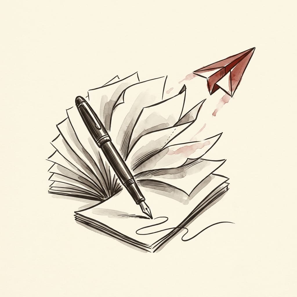 An ink-and-wash illustration of a pen drafting pages, one folding into a paper plane